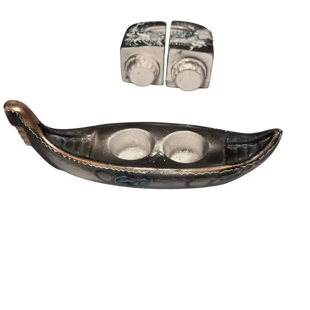 Vintage 1950s Japan Dragonware Moriage Salt Pepper Shakers Dragon Boat Caddy